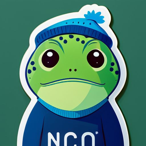 Ein grüner Frosch mit erschöpftem Gesicht und blauem Pullover, auf dem "INCO" steht sticker