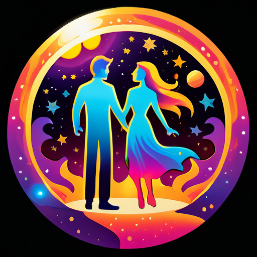 In the cosmic background, there are two suns and several stars, with a person standing on each sun, facing each other. Each person is surrounded by colorful flames, one man and one woman. sticker