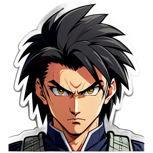 Estilo de Cabelo: O cabelo de Hayato é curto e preto como azeviche, estilizado de forma tradicional samurai com uma leve textura espetada. Estilo dos Olhos: Seus olhos são intensos e penetrantes, com um olhar determinado que reflete seu espírito guerreiro. Eles são em forma de amêndoa e enquadrados por sobrancelhas fortes. Corte de Rosto: Hayato tem um rosto forte e angular com uma linha de mandíbula cinzelada, dando-lhe uma expressão severa e determinada. Seu facia sticker