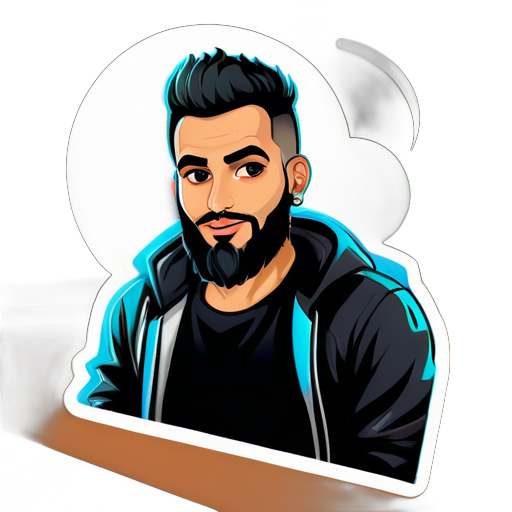 i would like stiker from me i m boy aged 29 years old  from morocco very short  hear like bold and short beard , working on programin so i need a laptop on the sticker with a hacker background and i have a chiness eyes and i have a strong body can i have all the body on the sticker with the laptop not tattos sticker