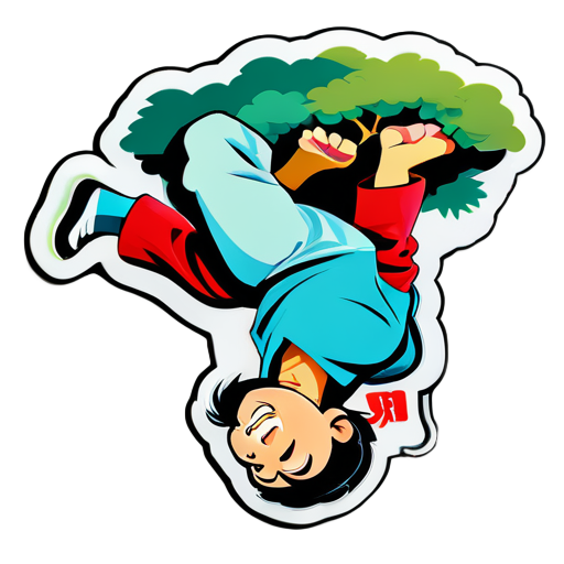 Kung Fu superstar Jackie Chan hanging upside down on a tree sticker