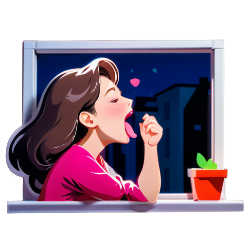 Sleepy woman on the windowsill: Relaxing, yawning widely, revealing her pink tongue. sticker