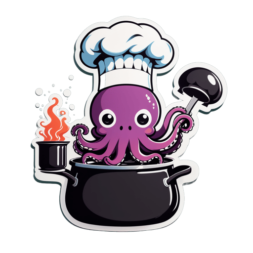 Un poulpe avec un chapeau de chef dans sa main gauche et une casserole dans sa main droite sticker