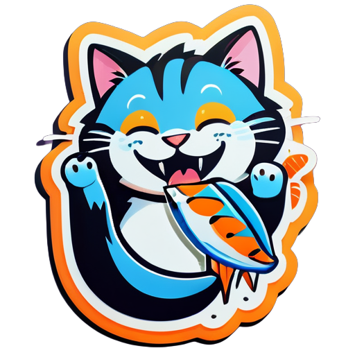 cat eating fish while smile sticker