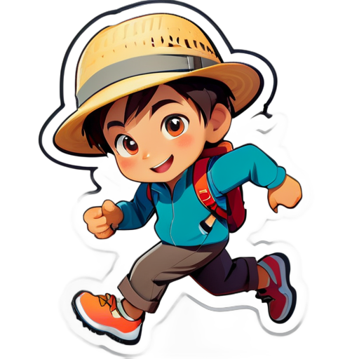 A young boy, wearing a hat and travel clothes, is preparing to travel with a sprinting action sticker