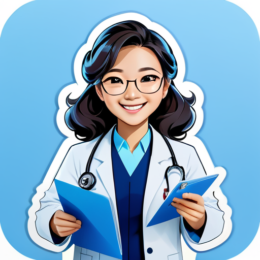 Using a professional image of a Chinese female physician as the avatar, wearing a formal doctor's uniform or white coat, smiling, with big wavy hair, wearing a stethoscope around the neck, holding documents, wearing glasses, showcasing confidence and friendliness of a doctor. The background color of the photo is light blue. sticker