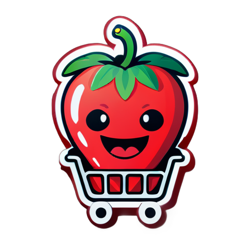 A strawberry holding up its hands and laughing happily is lying in a shopping cart sticker