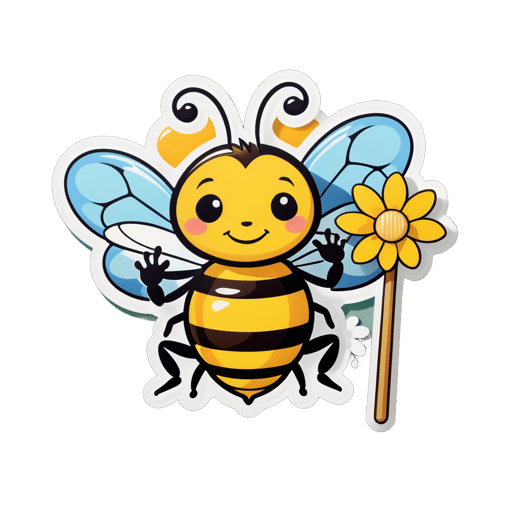 A bee with a flower in its left hand and a honey dipper in its right hand sticker