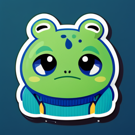 Ein grüner Frosch mit erschöpftem Gesicht und blauem Pullover, auf dem "INCO" steht sticker