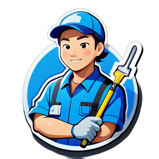 Une image d'un technicien en uniforme bleu de travail, de la taille vers le haut, de nationalité chinoise, tenant des outils dans ses mains. sticker