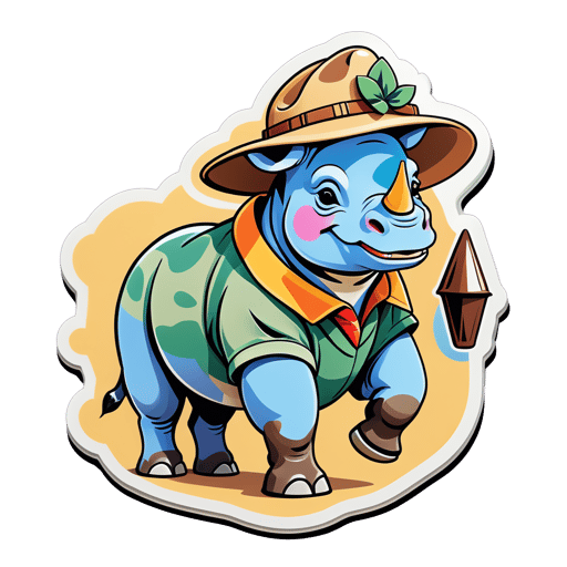 Un rinoceronte con un sombrero de safari en su mano izquierda y un mapa en su mano derecha sticker