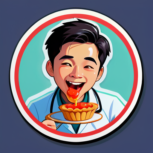 An Asian young doctor eats a Portuguese tarts sticker