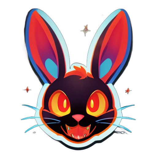 Ears: Long, pointed bunny ears with a devilish twist.
Face: The bunny's face, featuring a mischievous expression with a small, closed mouth, fiery eyes, and a dark sky blueish complexion with oval-shaped sides.
Expression: Playful yet subtly sinister grin.
Background: Flames and fiery effects.
Colors: Dark tones with intense reds and oranges, complemented by the dark sky blueish bunny face. sticker