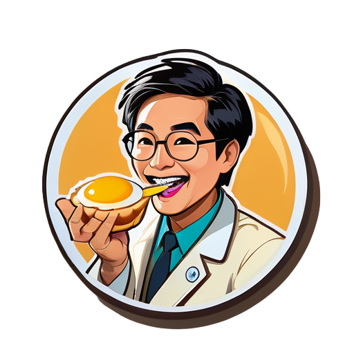 An Asian doctor eats a Portuguese egg tarts sticker