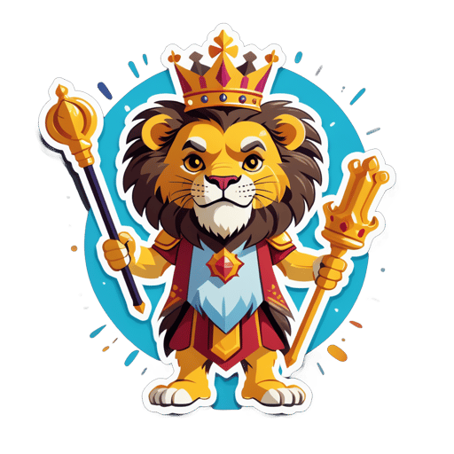 Un lion avec une couronne dans sa main gauche et un sceptre dans sa main droite sticker