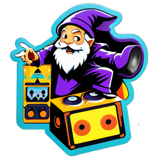 generate a sticker with a wizard climbing on a sound system and singing in a comic style sticker