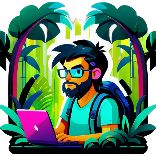 In the heart of a lush jungle, a wild programmer intently codes on a laptop, embodying a unique fusion of nature's untamed beauty and the digital world sticker