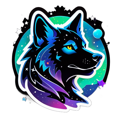 Um lobo em silhueta com tema cósmico, com galáxias e estrelas em espiral dentro de seu contorno. O texto 'Galactic Alpha Gaming' é adornado com efeitos cósmicos, dando-lhe uma sensação de outro mundo sticker