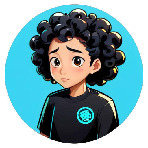 Hair: Black and shiny wool curls, not very curly and slightly longer but not past the neck. Ethnicity: Asian, leaning towards East Asian, fair skin. Expression: Contemplating a tricky bug. Occupation: A skilled modern programmer. Gender: Male. Background: Circular, inside a server room. sticker