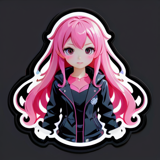 Girl with long pink hair in a black JK outfit, anime character sticker