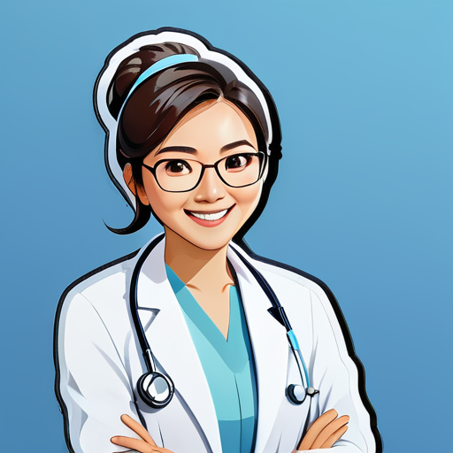 Using a professional image of an Asian female doctor as the profile picture, wearing formal doctor's uniform or white coat, smiling, wearing glasses, showing confidence and friendliness of a doctor. The background color of the photo is light blue. sticker