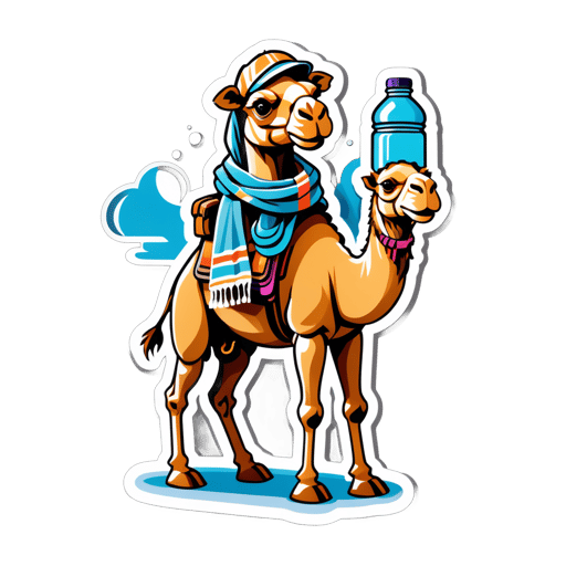 A camel with a water bottle in its left hand and a desert scarf in its right hand sticker