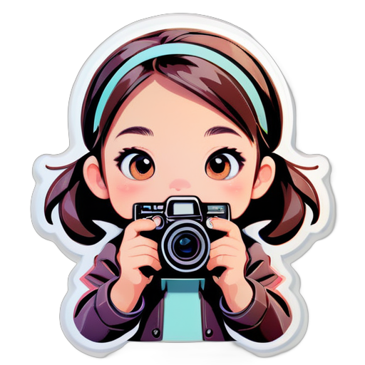 young girl holding a camera, Sticker, Ecstatic, Muted Color, Cartoon, Contour, Vector, White Background, Detailed sticker