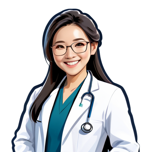 Using a professional image of a Chinese female physician as the avatar, wearing formal doctor's uniform or white coat, smiling, with long hair, no hat, stethoscope around the neck, holding files, wearing glasses, displaying confidence and friendliness of a doctor. The background color of the photo is light blue. sticker