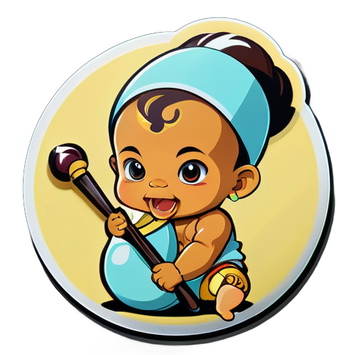 The baby holds the keris using a typical Indonesian peci sticker