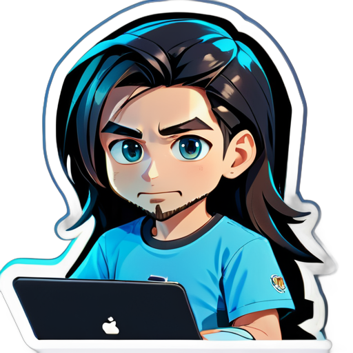 Gerador de um adesivo de um menino trabalhando em seu laptop, o menino tem cabelos longos como Messi e uma barba irregular, ele está vestindo uma camiseta azul maia de manga comprida e jeans preto carbono. sticker