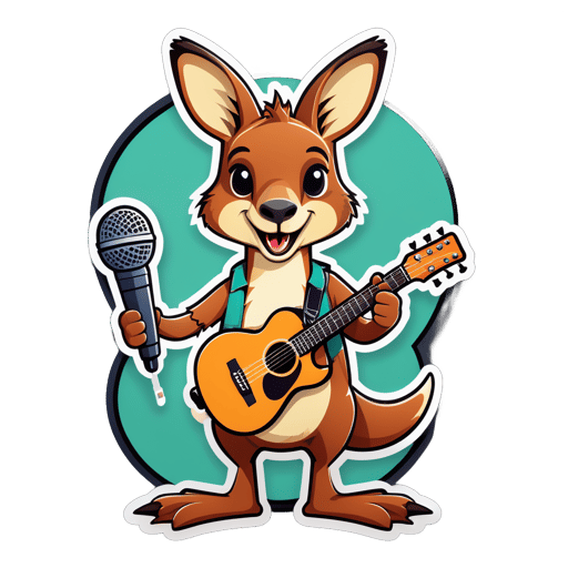 A kangaroo with a guitar in its left hand and a microphone in its right hand sticker