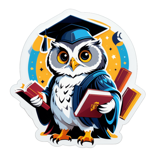 An owl with a book in its left hand and a graduation cap in its right hand sticker