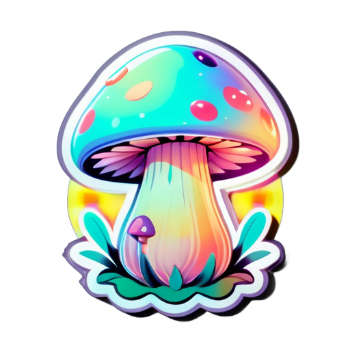 Pastel mushroom that’s holographic and has a little person sitting on the mushroom sticker