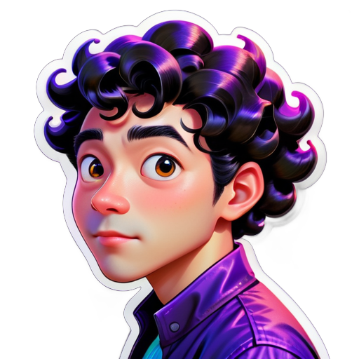 Hair: Black shiny woolly curly hair, with a curliness of 0.5, slightly longer but not past the neck. Ethnicity: Asian, leaning towards East Asian, with fair skin. Expression: Contemplating a tricky bug. Occupation: A skilled modern programmer. Background: Gradient purple, circular. Gender: Male sticker