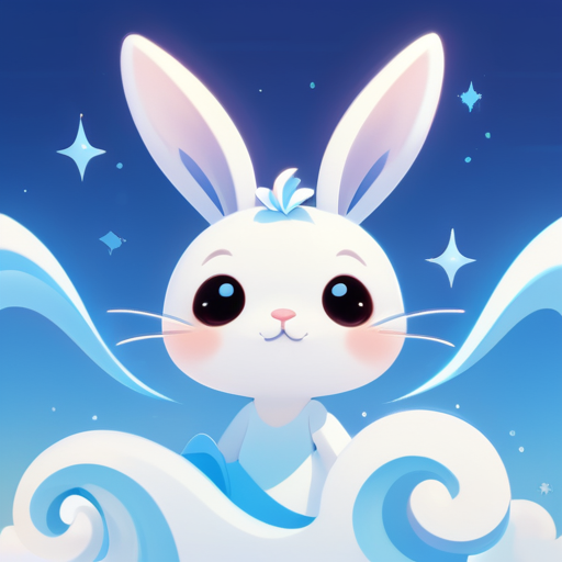 Ears: Long, pointed bunny ears with a graceful curve.
Face: The bunny's face, featuring a serene expression with a small, closed mouth, expressive eyes, and a sky blueish complexion.
Expression: Playful yet subtly serene demeanor.
Background: Background features swirling clouds and sky blue hues.
Colors: Predominantly white with sky blue accents for a serene aesthetic. sticker