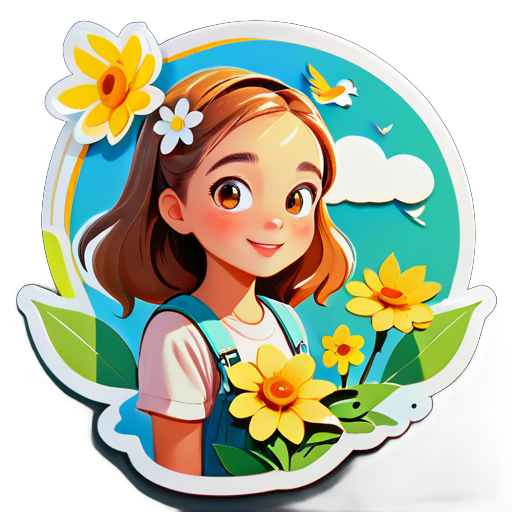 a young girl holds a flower in the summer, the weather is sunny, and some birds flying in the sky, and some birds lay on the tree. sticker