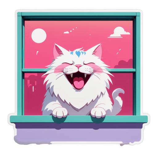 Sleepy Cat on Windowsill: Lounging, yawning widely, revealing pink tongue. sticker