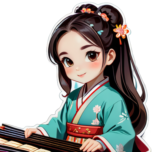 A young girl, wearing Hanfu, playing the guzheng in a study with rows of bookshelves in the background. sticker