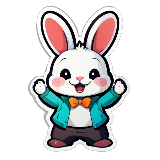 Draw a sticker of a happy rabbit, delighted, avoid white color, frontal view of rabbit, avoid dark color, cartoon style sticker