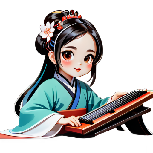 Una joven, vistiendo una versión moderna de hanfu, tocando el guzheng en una habitación con estanterías de libros de fondo, combinando la cultura clásica china con elementos modernos para transmitir un ambiente chino con un toque de moda. sticker