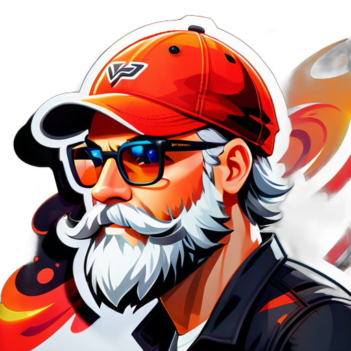 Beard: Well-groomed, stylish white beard for a touch of maturity without appearing too old.
Glasses: Modern, sleek black glasses adding sophistication and intelligence.
Cap: Sporty cricket-style cap worn upside-down for a unique and playful touch.
Background: Fiery effects or flames in the backdrop to represent the intense action of Free Fire gaming. sticker