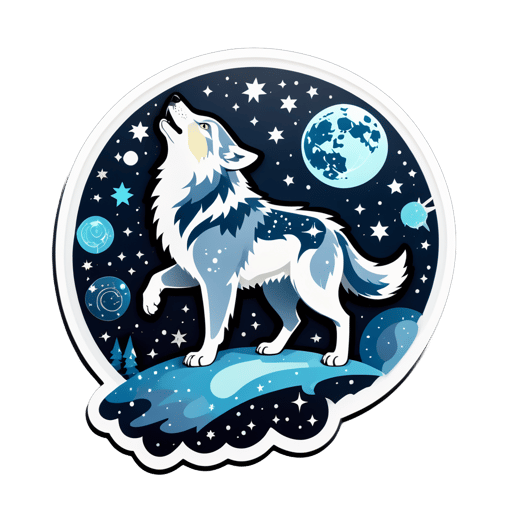 A wolf with a moon pendant in its left hand and a star chart in its right hand sticker