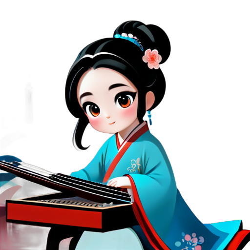 Help me design a cartoon avatar for use on the website, a little girl playing the guzheng, Chinese style, modern yet classical: Little girl character design: She should be a cute, young girl with big eyes and soft facial features. Wearing traditional Hanfu or a modernized version of Hanfu, retaining elements of Chinese traditional clothing, but can incorporate some modern designs, such as popular elements or accessories in certain details. Long hair draped over her shoulders, can also be styled in a classical hair bun, adorned with hairpins or hair accessories. Guzheng: The guzheng should be a prominently visible instrument, designed as the little girl playing the guzheng attentively. The design of the guzheng should adhere to traditional Chinese styles, but can also incorporate some modern elements, such as more colors or decorations. Background design: The background can be simple lines or some Chinese-style patterns, such as clouds, landscapes, ancient architecture, etc. Consider adding some modern elements to the background, such as city skylines, modern buildings, to highlight a sense of modernity. Color selection: Primarily use soft tones, such as light pink, light blue, etc. Incorporate some traditional Chinese colors into the palette, such as red. sticker