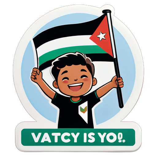 boy hold a Palestine flag and in bottom write 'The victory is near' sticker