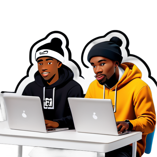 one white and one black dude sitting on a table with laptops doing work both wearing beanies sticker