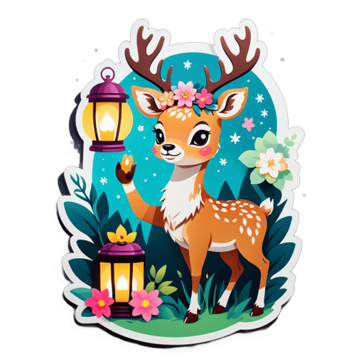 A deer with a flower crown in its left hand and a lantern in its right hand sticker