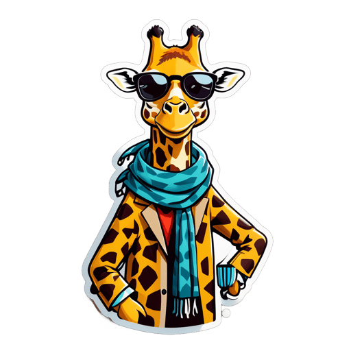 A giraffe with a scarf in its left hand and sunglasses in its right hand sticker