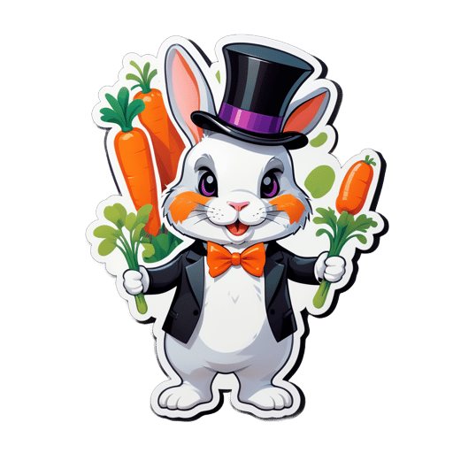 A rabbit with a carrot in its left hand and a top hat in its right hand sticker