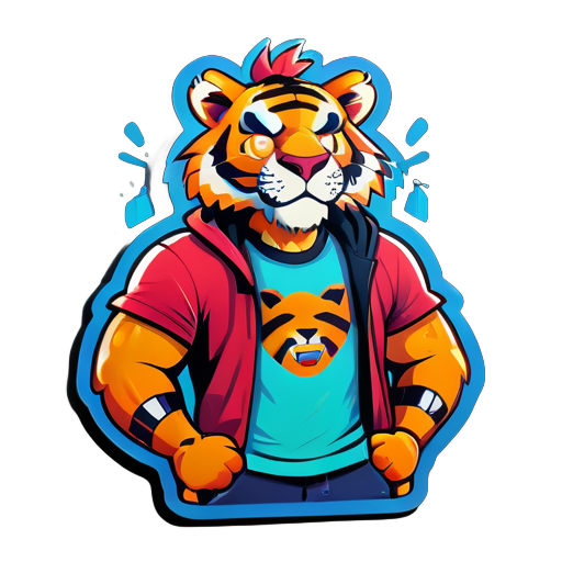 An anthropomorphic tiger wears a T-shirt printed with HXY sticker