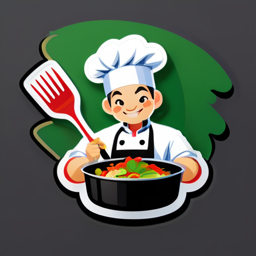 Cuisinier de cuisine chinoise, spatule, en train de sauter des légumes sticker